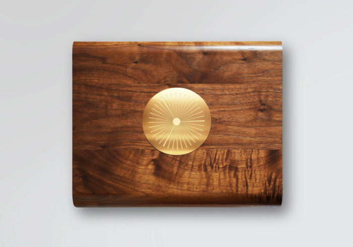 Luxury presentation boxes in polished walnut with engraved brass detail